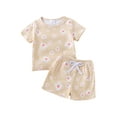 thumbnail image 2 of Toddler Girl 2 Piece Set, Round Neck Short Sleeve Daisy Print Tops + Elastic Waist Shorts Infant Baby Summer Clothes Outfits, 2 of 10