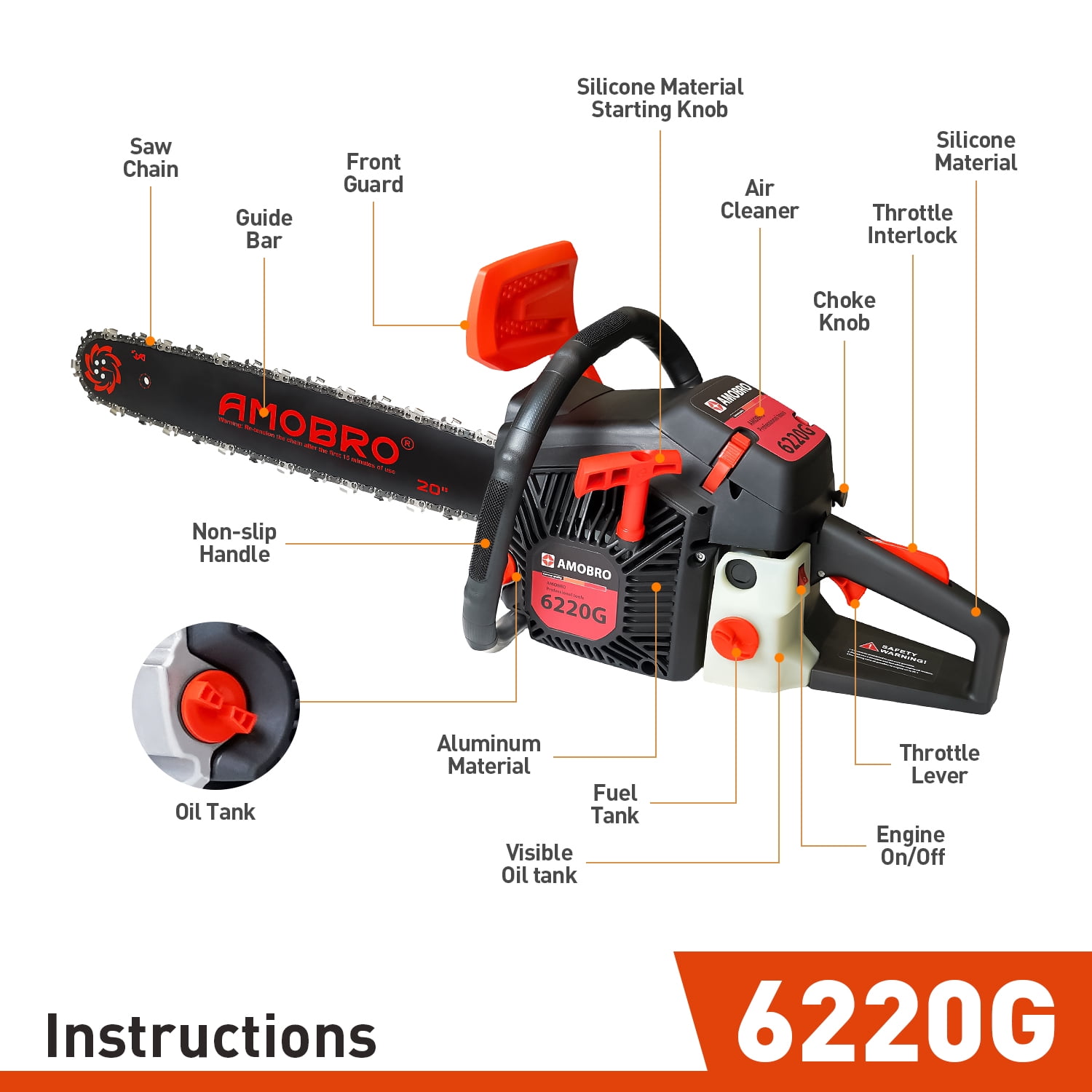 Amobro Gas Chainsaw 20-inch 62CC 3HP 2-Cycle Petrol Powered Chain Saws for Trees and Wood Cutting