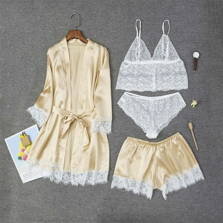 

4 Piece Pajamas for Women Silk Pajama Set 4pcs Cami Top Shorts Nightgown Sleepwear Robe Sets Cute Stain Pjs for Woman