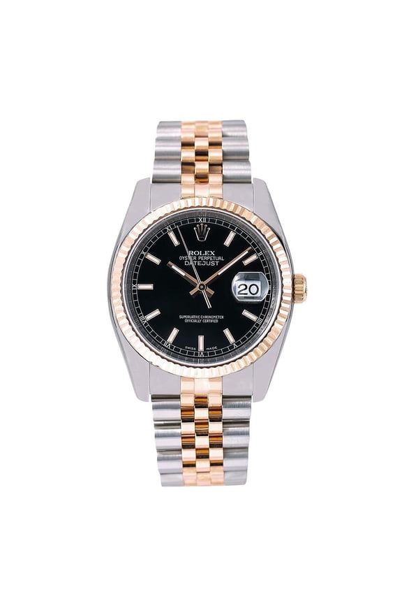 Pre-Owned Rolex Datejust 36MM 116231 Black Dial Fluted Bezel Two Tone Rose Gold Jubilee Bracelet