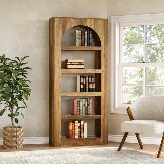 Tribesigns 5-Tier Tall Arched Bookshelf, 71" Wooden Bookcase with Open Display Storage Shelf, Modern Freestanding Bookshelves for Home Office, Living Room, Bedroom, Light Brown
