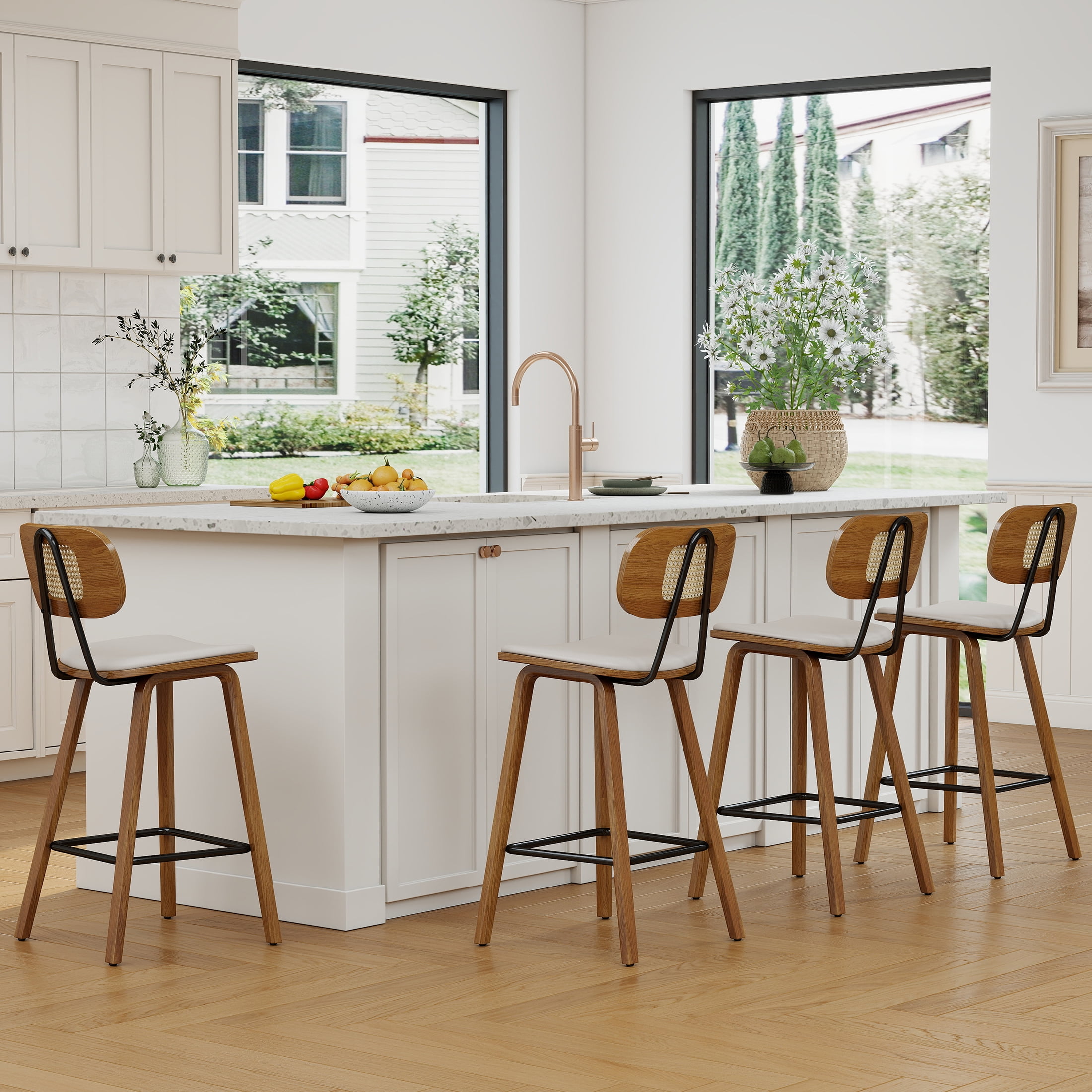 Guyou Rattan Counter Height Bar Stool Set of 2, 26" Wooden Kitchen Island Chairs with Cane Backrest and Bentwood Legs, Modern PU Upholstered Barstools for Dining Room Bars Coffee Shops, Beige