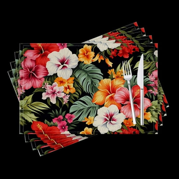 BaHomeck placemats Set of 4 Vibrant Hawaiian Print With Colorful Tropical Flowers And Palm Leaves Cotton Linen rectangle Placemats for Kitchen Dining Table Indoor,Outdoor,18*12inch