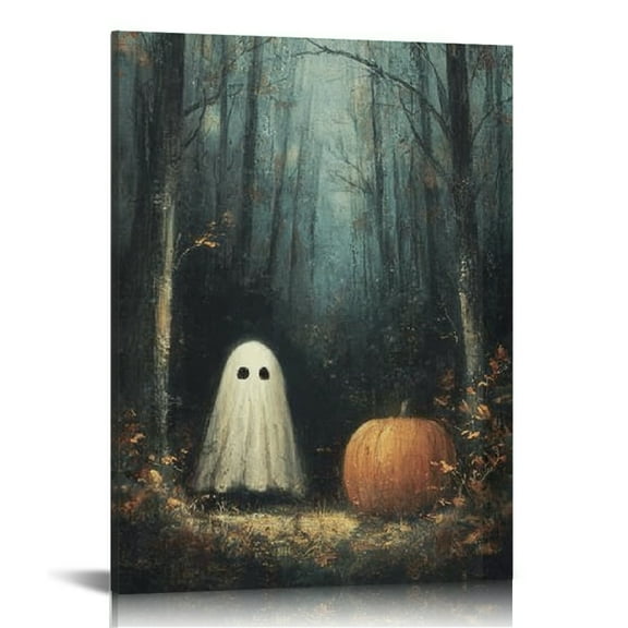 GooTPa Halloween Canvas Wall Art, Moody Ghost in Haunted Forest with Pumpkin Canvas Prints Wall Art for Living Room Bathroom Bedroom Office, Art Print Painting for Home Decorations - 12x16in
