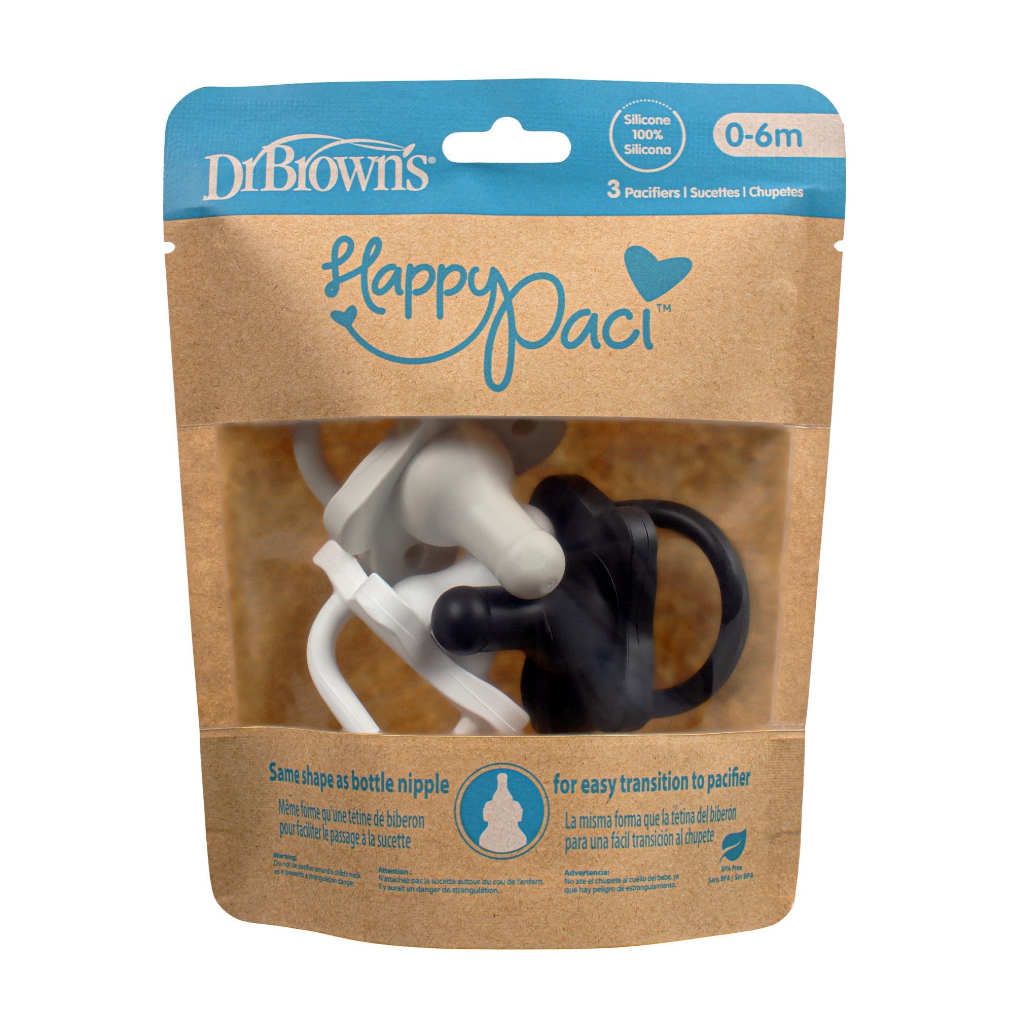 Dr. Brown's HappyPaci 100% Silicone Baby Pacifier, 0-6m, BPA-Free, Black/Cool Gray/White, 3 Pack