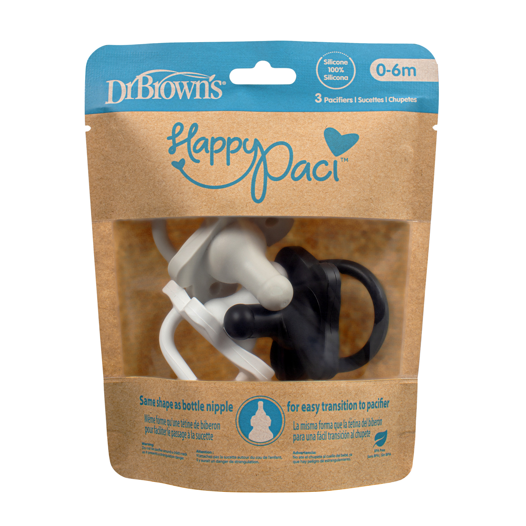 Dr. Brown's HappyPaci 100% Silicone Baby Pacifier, 0-6m, BPA-Free, Black/Cool Gray/White, 3 Pack - image 3 of 19