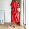 thumbnail image 4 of Rvkxad Women's Casual Dresses Cotton Linen Short Sleeve Sundresses Summer Casual Loose Flowy Solid Color Round Neck A-Line Dresses with Pockets Red XL, 4 of 5