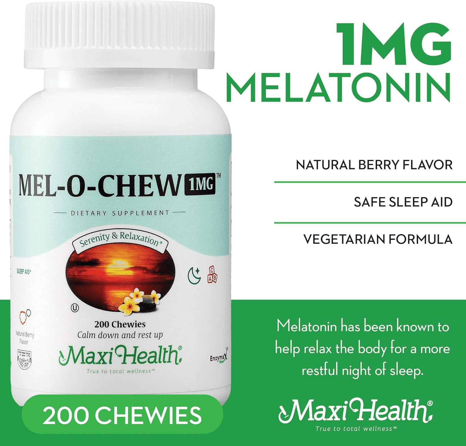 Maxi Health Mel-O Chew Melatonin 1mg Chewable Tablets for Adults & Teens – Berry Flavor – 200 Count