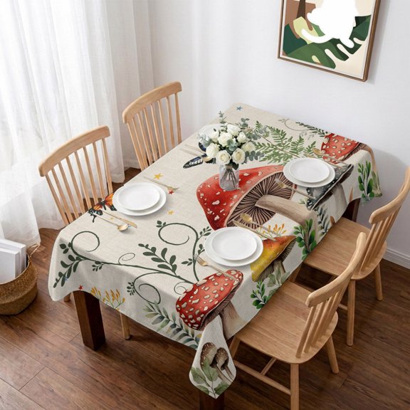 Mushrooms Table Cloth Waterproof Tablecloths, Butterfly Botanical Country Plants Beige Tablecloth Dining Table Cover for Kitchen Party Tabletop Outdoor, Rectangle Tablecloth 60x84 Inch