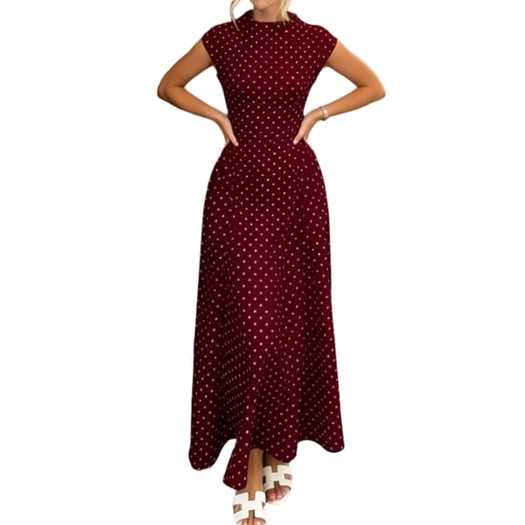Jaimenalin Women'S Polka Dots Maxi Tank Dress Vintage Mock Neck Sleeveless Elegant Long Dresses Wine Red L