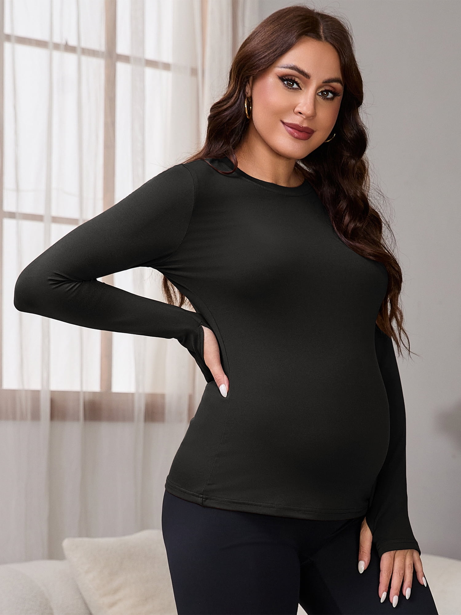 DARING DIVA Women's Maternity Stretchy Fitted Crew Neck Long Sleeve Tops 2XL Black