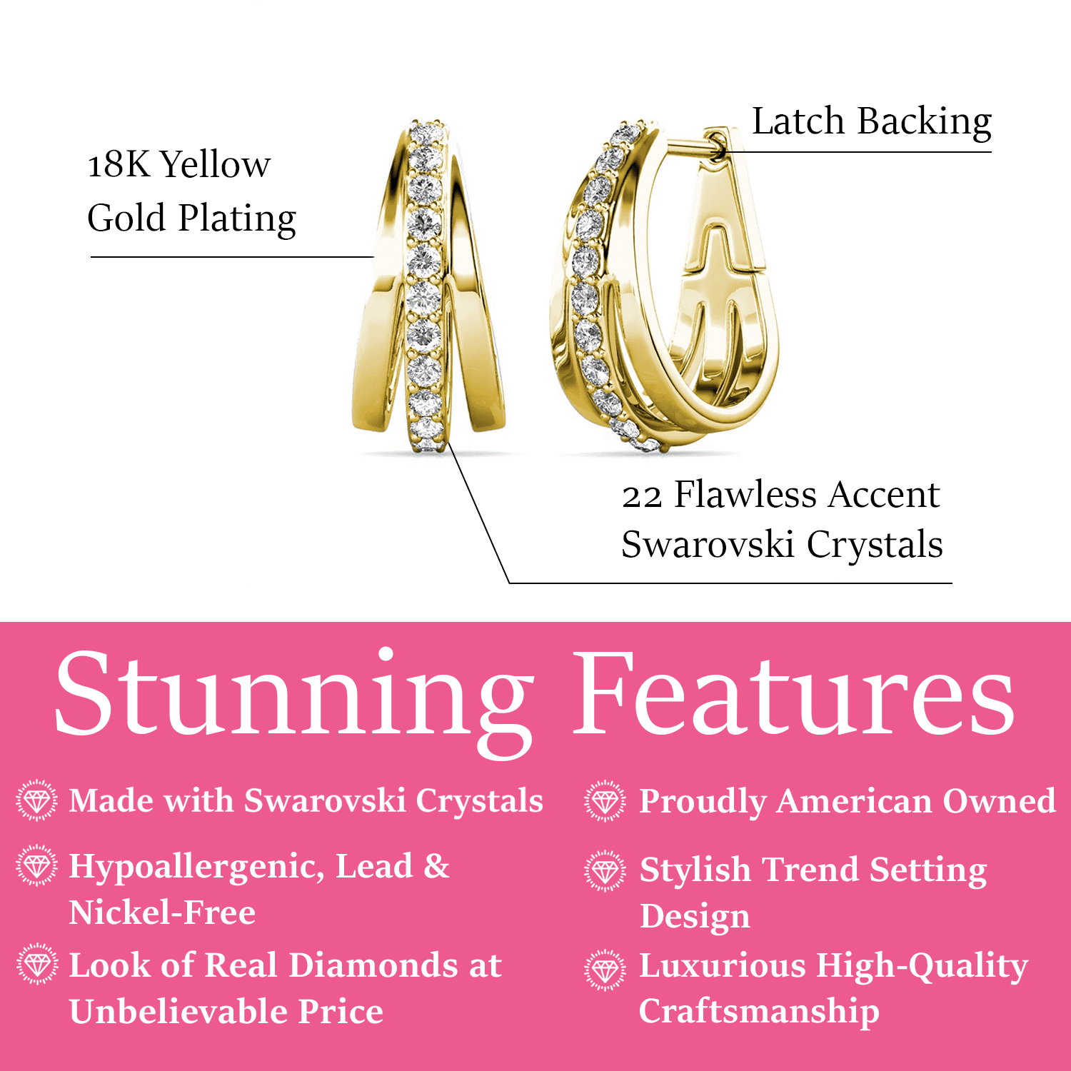 Cate Chloe Corina 18k Rose Gold Plated Hoop Earrings with Swarovski Crystals Gift for Women
