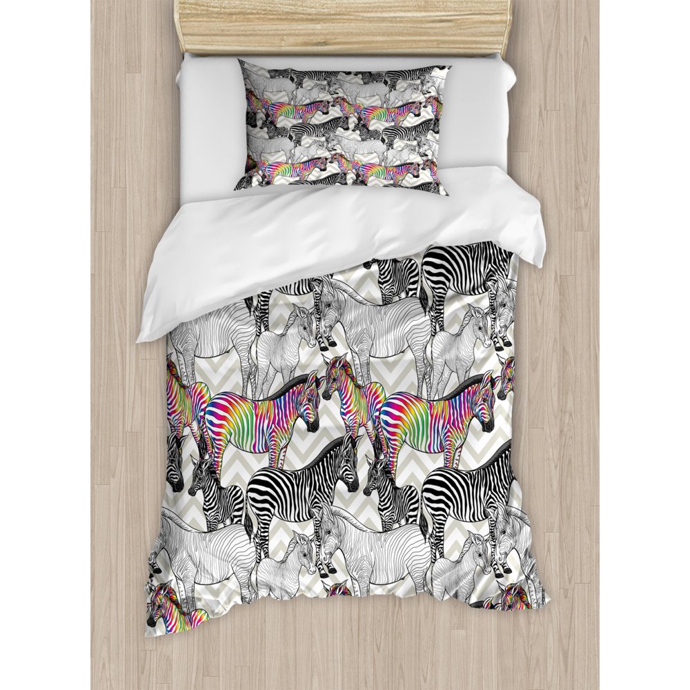 Rainbow Zebra Duvet Cover Set, Abstract Modern Design Print of Funky