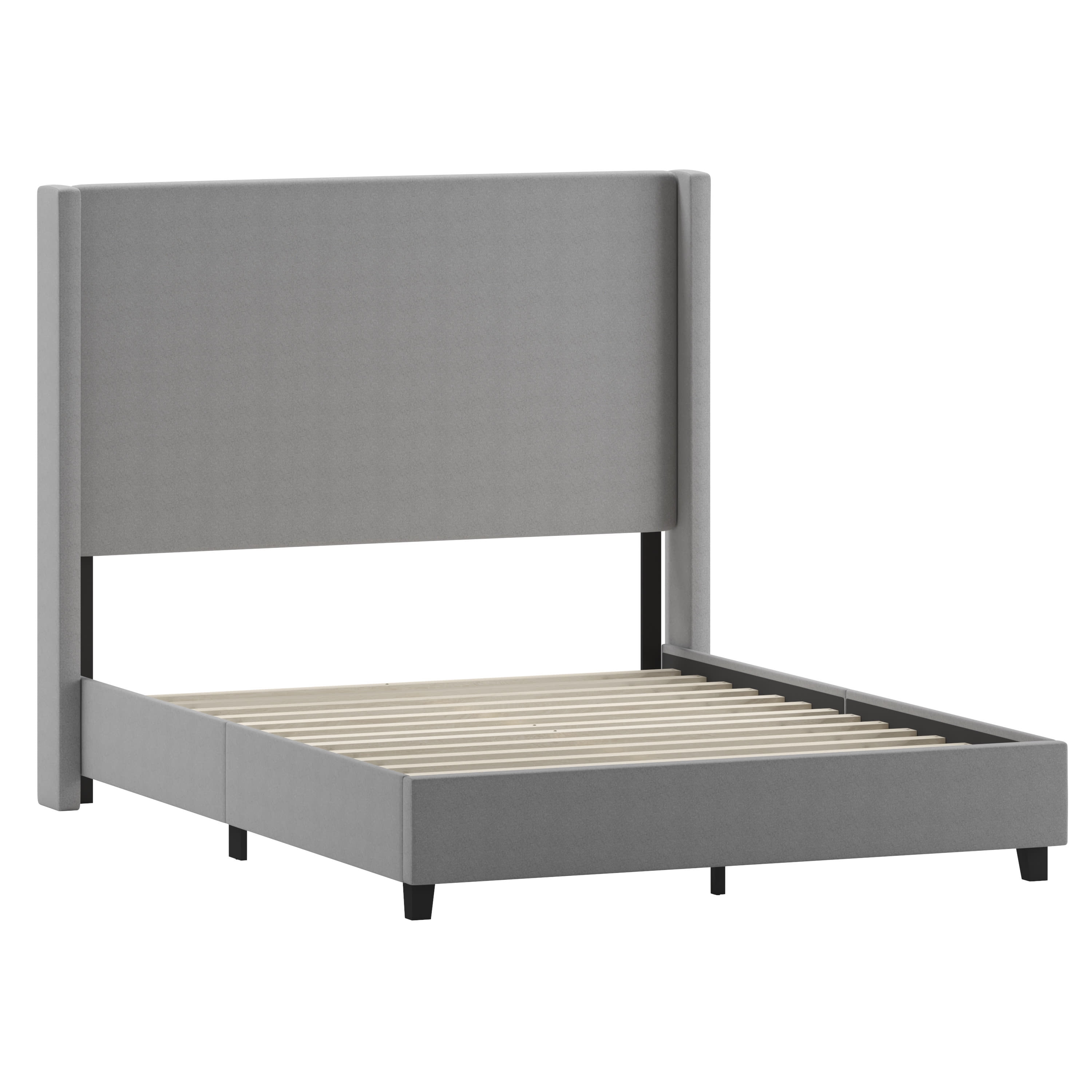Merrick Lane Modern Queen Size Platform Bed Frame with Padded Faux Linen Upholstered Wingback Headboard and Wood Support Slats in Gray