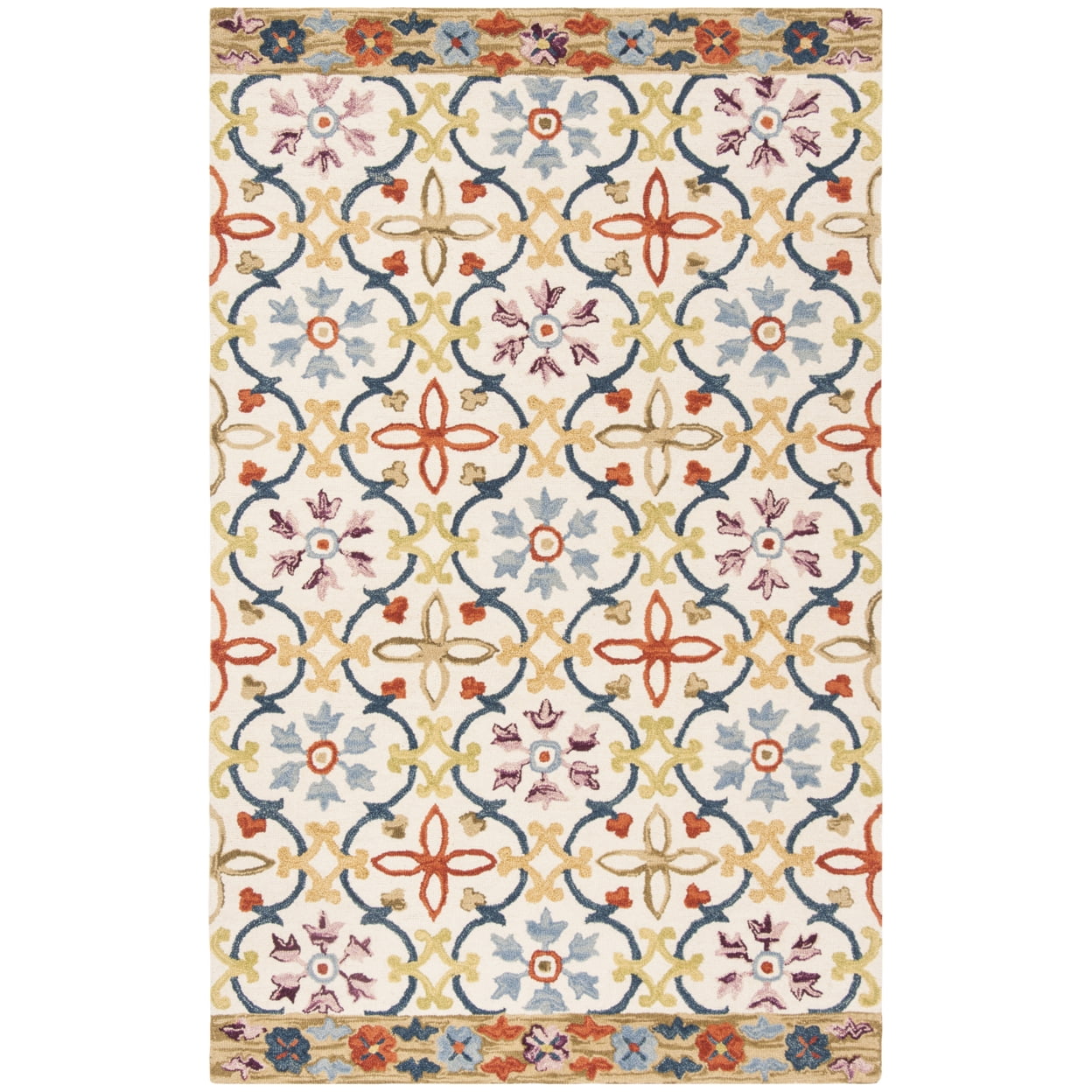 SAFAVIEH Suzani Ethelinda Geometric Swirls Wool Area Rug, Ivory/Multi, 5' x 8'