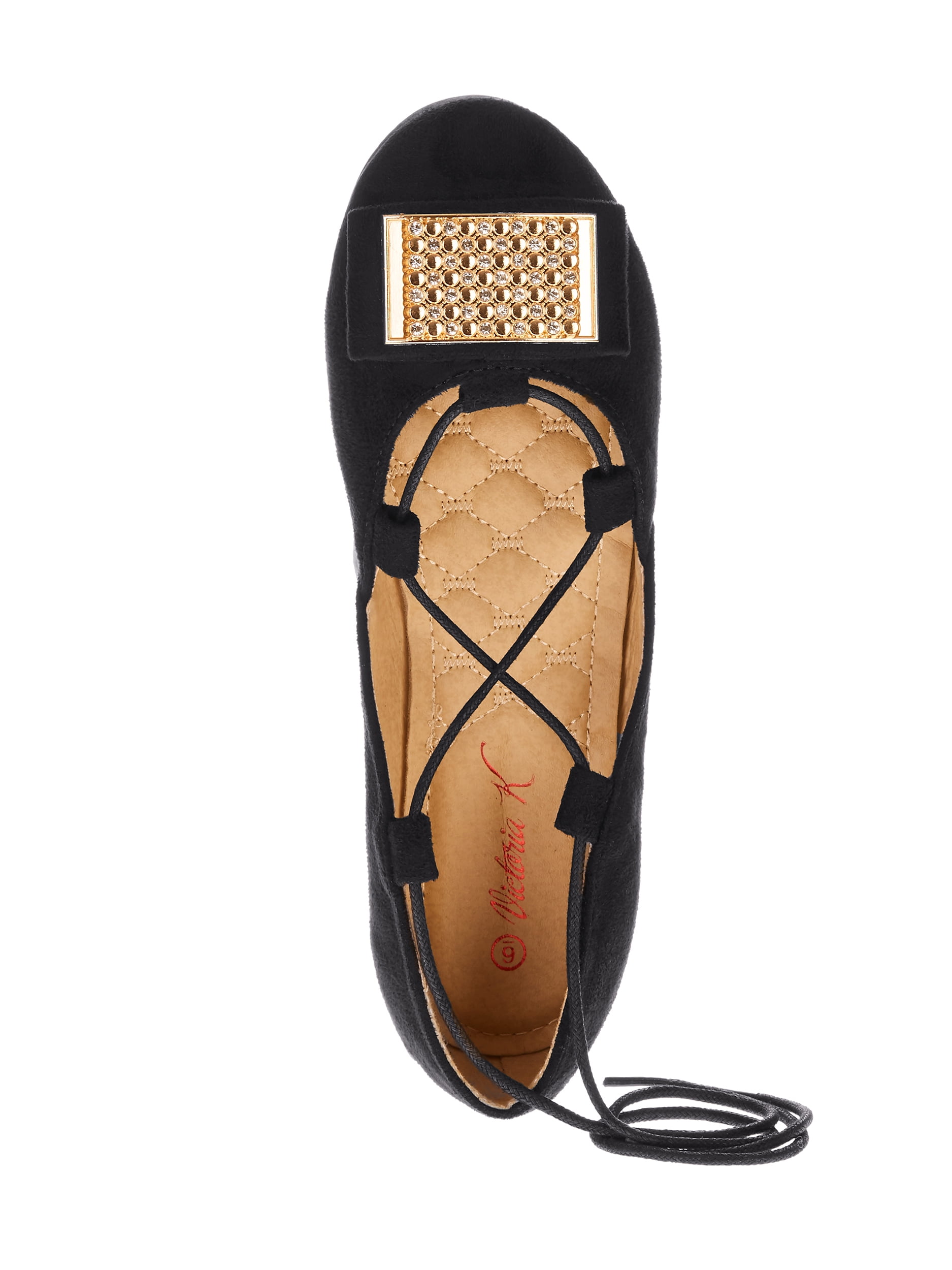 Victoria K Women's Faux Suede With Ankle Tie And Gold Ornament Embellishment Ballerina Flats