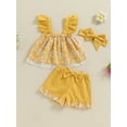 thumbnail image 2 of Bagilaanoe 3pcs Toddler Baby Girl Shorts Set Fly Sleeve Floral Print A-Line Tops + Shorts + Headband 6M 12M 18M 24M 3T 4T Kids Casual Summer Clothes, 2 of 7