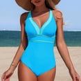 thumbnail image 2 of COMVALUE Women's One Piece Swimsuit V Neck Shell Stitched Bathing Suit Adjustable Crisscross Strappy Ruched Swimwear (Sky Blue, M), 2 of 7