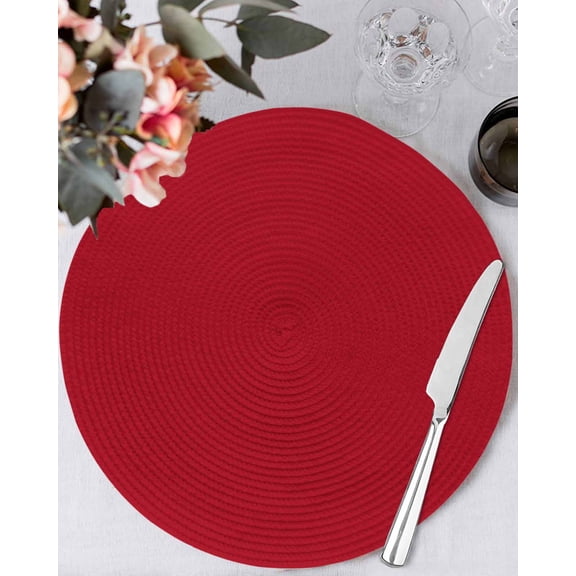 13 Inch Round Placemats Set of 4, Pure Red Non Slip Heat Insulation PP Table Mats, Simple Solid Color Washable Place Mats for Kitchen Dining Party Table Decor