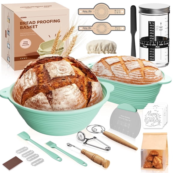 Sourdough Starter Kit, Complete Bread Baking Supplies with Round & Oval Silicone Bread Proofing Basket Set, Bread Making Tools Set Baking Gifts for Beginners & Home Bakers,Green