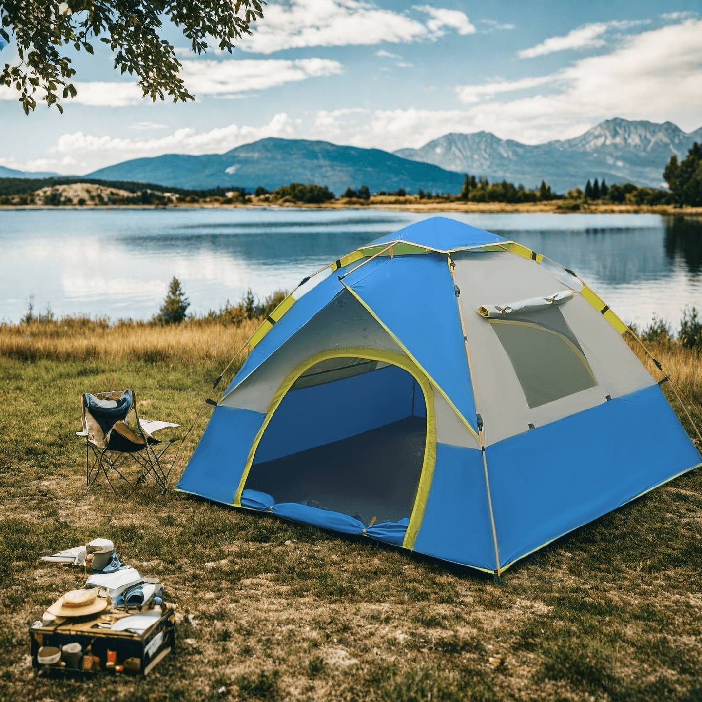 4-Person Camping Tent with Sun & Rain Protection, Quick Setup, Mesh Screen & Removable Ceiling, Reinforced Design for Outdoor Adventures and Family Use, Blue