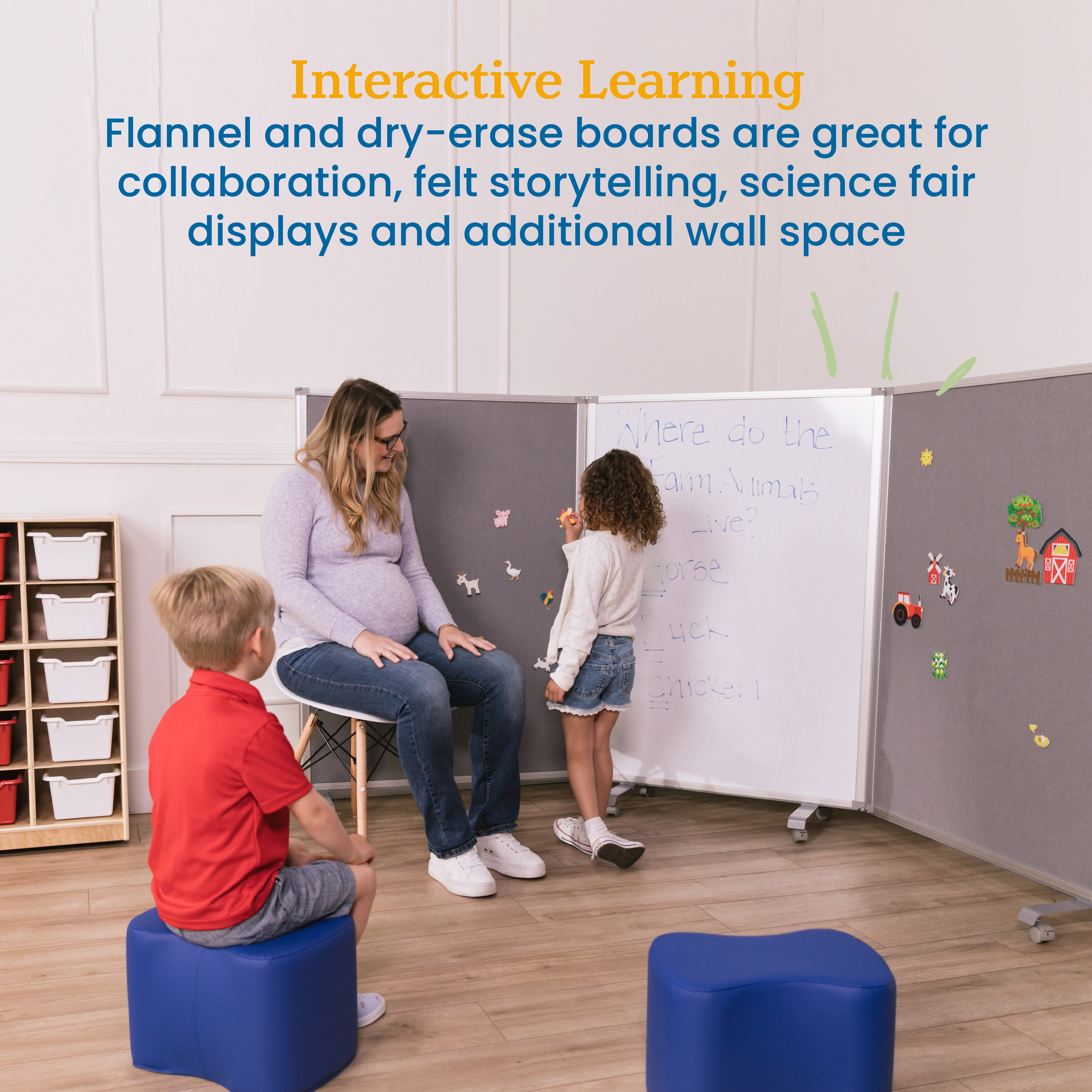 ECR4Kids Mobile Dry-Erase and Flannel Room Divider, 3-Panel, School Supplies, Grey