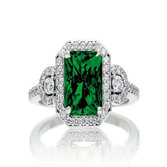 1.5 Carat Emerald Cut Three Stone Emerald Halo Diamond Ring on 10k White Gold