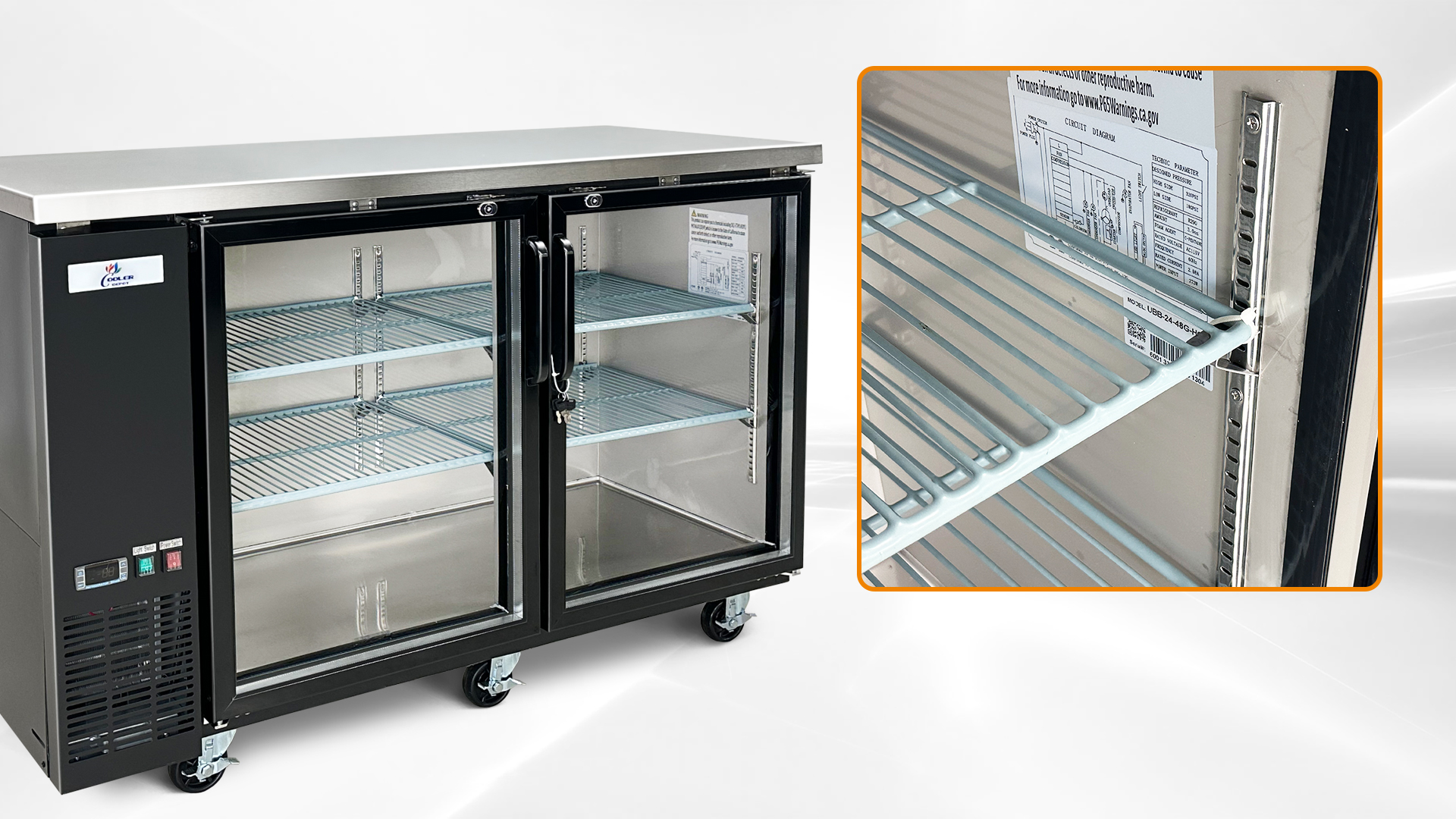 60" Commercial Back Bar Cooler – Double Glass Door Beer Refrigerator, 16 cu.ft, R134a, 115V | NSF ETL Certified