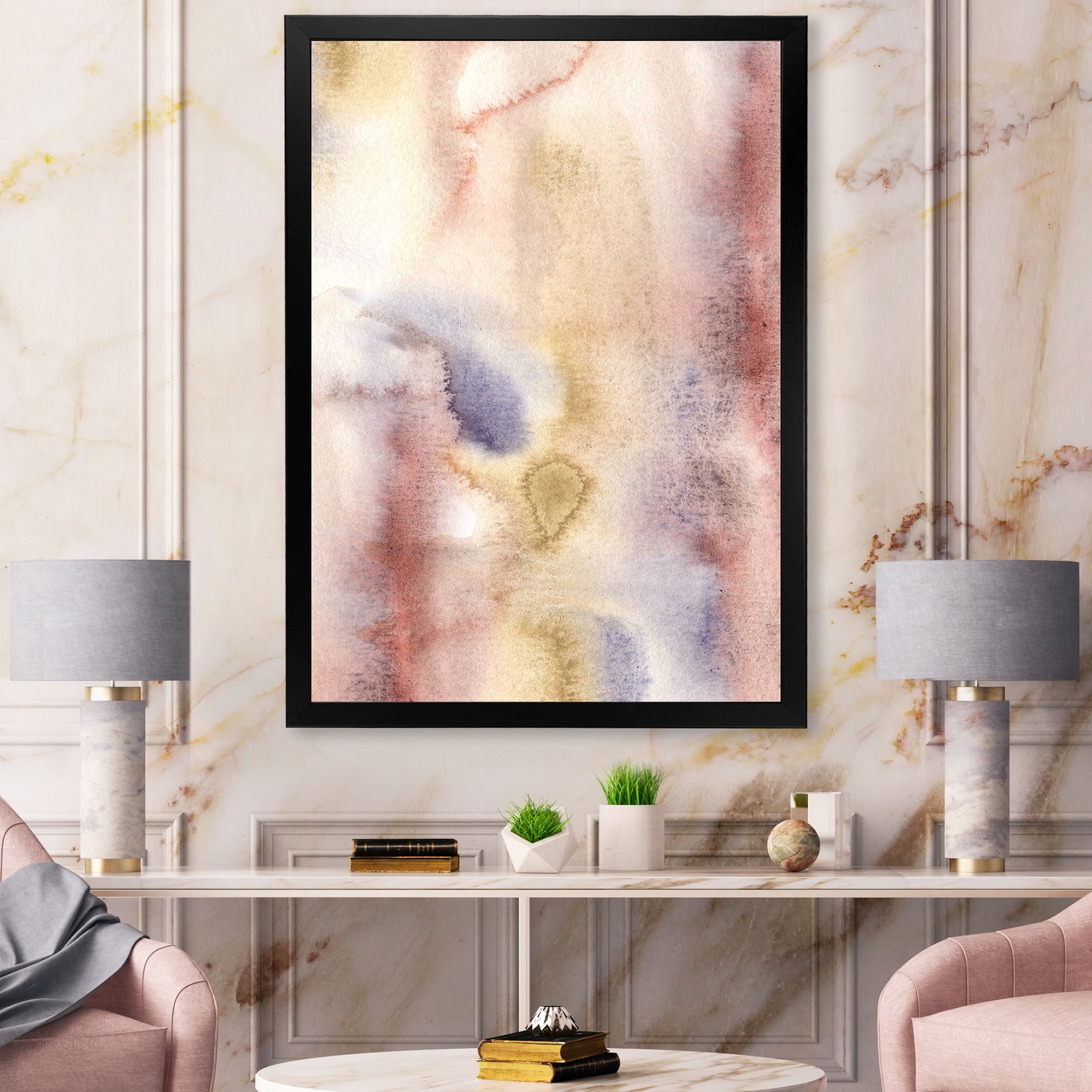 Designart 'Pastel Abstract With Pink Dark Blue and Yellow Spots' Modern Framed Art Print