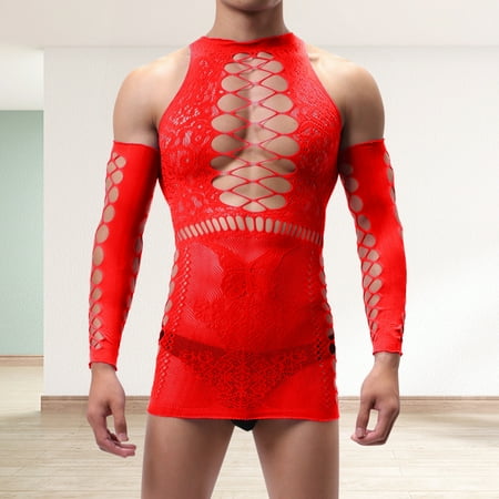 Sentmoon Lingerie for Men Men s High Elastic Net Pullover Suit Long-sleeved One-piece Stockings Suspenders Large Net High-elastic One-piece Hollow Valentines Lingerie Valentines Day Gifts for Him Dea
