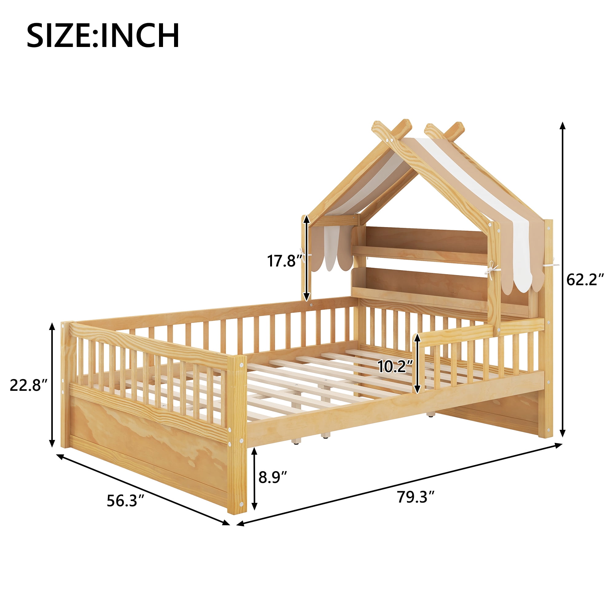 Euroco Wood Full Size Platform Bed with Storage Headboard and Canopy, Natural