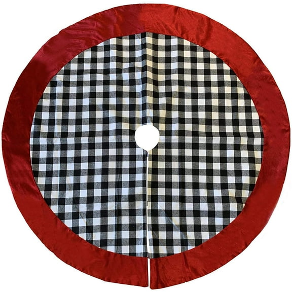 Christmas Tree Skirt Buffalo Plaid - Large 48" Diameter, Black and White Checks, Red Felt Trim, Presents, Gifts, Plaid Christmas Decoration