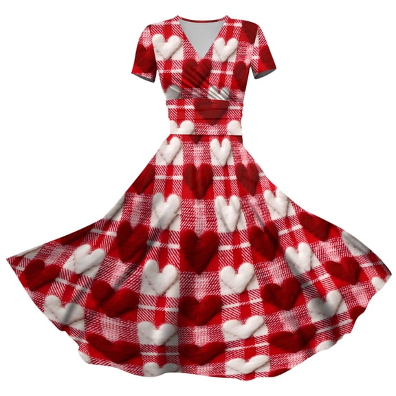 LWavelet Valentine's 2026 Red-Pink Crochet Heart & Flower Dress, Women's V-neck Short Sleeve Fitted Waist A Line Flowy Sundresses Watermelon Red S