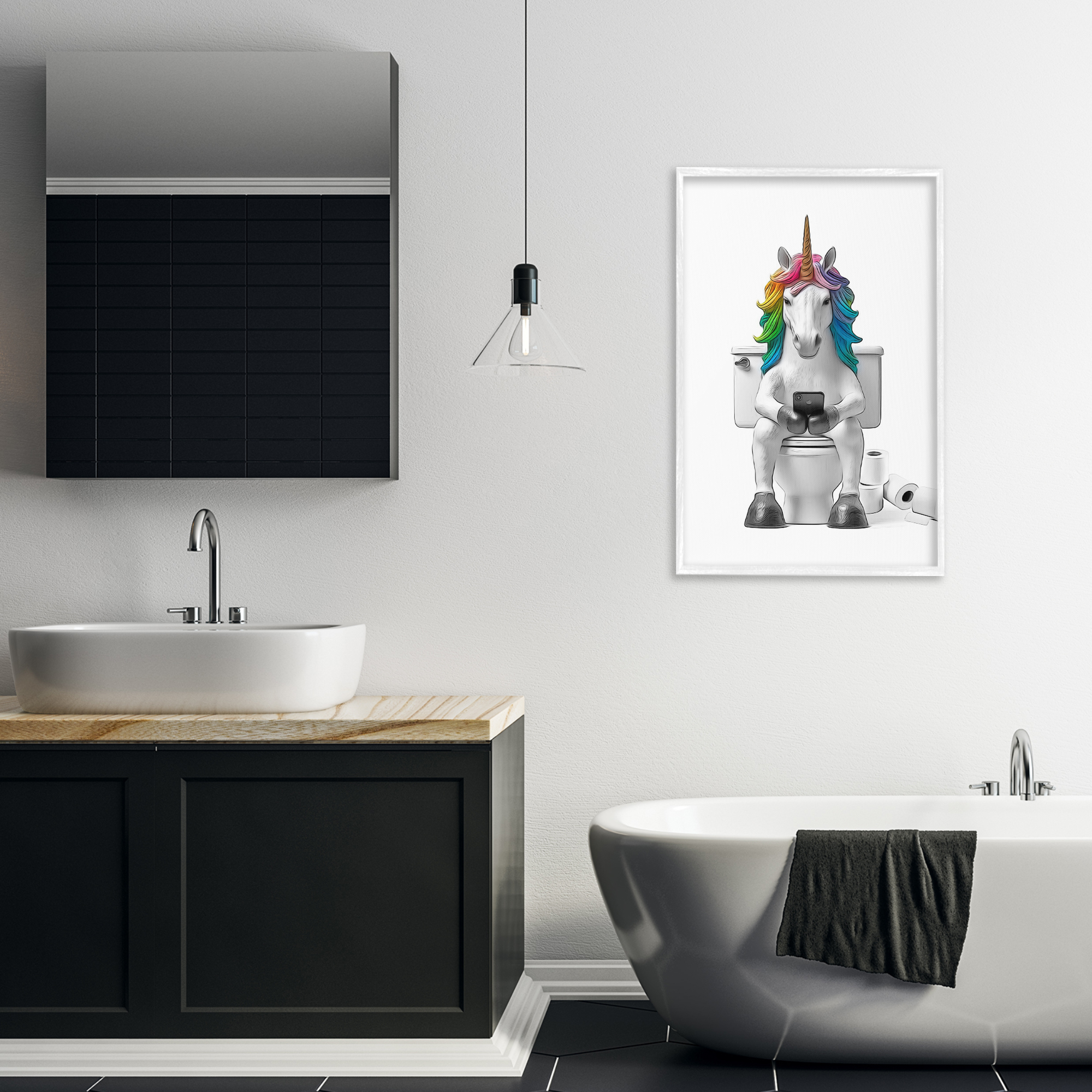 Stupell Industries Unicorn Texting on Toilet Typography Painting White Framed Art Print Wall Art, 20 x 30