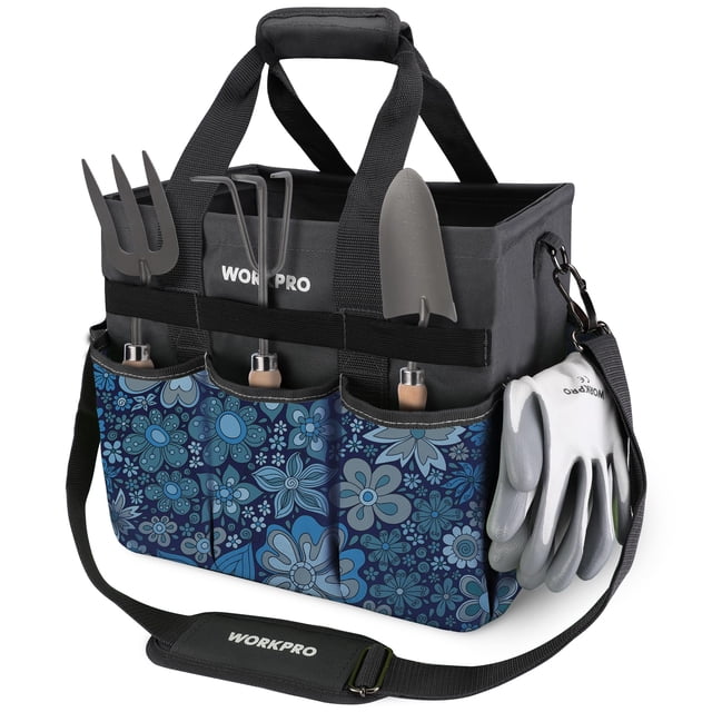 Bolsa para herramientas de jardín WORKPRO resistente de alta durabilidad con 10 bolsillos, azul floral