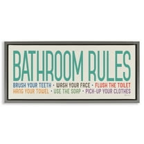 Stupell Industries Bathroom Rules with Teal Text Abstract Painting Gray Floater Framed Canvas Art Print Wall Art, 31 x 14