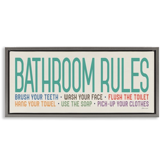 Stupell Industries Bathroom Rules with Teal Text Abstract Painting Gray Floater Framed Canvas Art Print Wall Art, 31 x 14