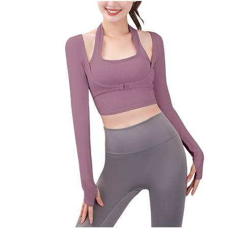 JGGSPWM Women s Cut-Out Workout Crop Top Long Sleeve Halter Tops Sports Padded Bra Front Buckle Closure Fitness Training Top Purple XL