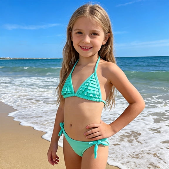 Xijirk Girls Swimsuit,Floral Bikini with Layered Ruffle Trim and Matching Bottom for Beach Pool Party Cute Print Soft Stretchy Fabric Summer,Toddler Swimsuit Girl,7-8 Years,Sky Blue