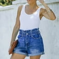 thumbnail image 4 of Women Short Pants Elastic Waist Button Pockets Rolled Edges Simple Casual Summer Shorts Deep Blue XL, 4 of 8