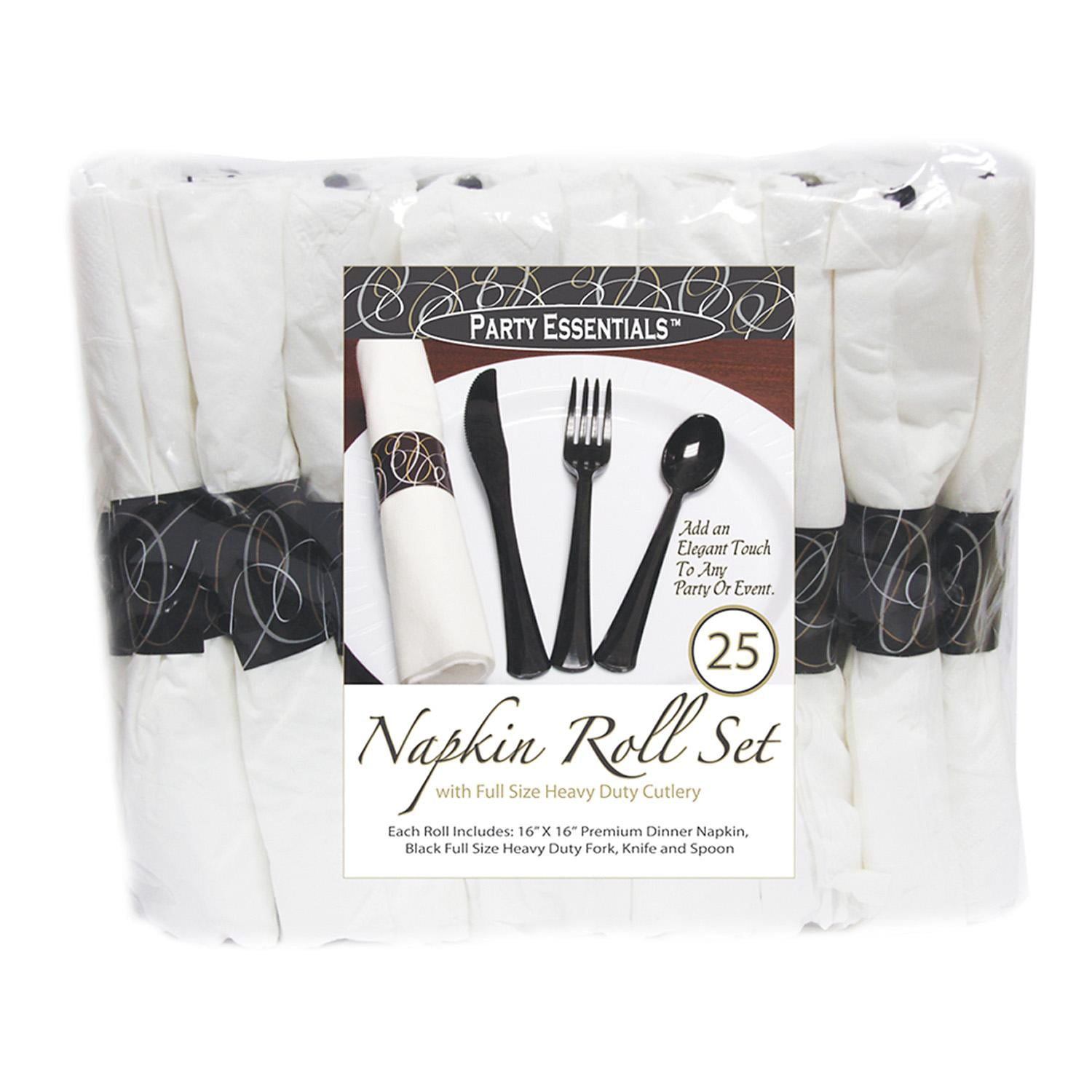 Party Essentials Napkin Roll Bag Set with Black Cutlery (4 25 ct