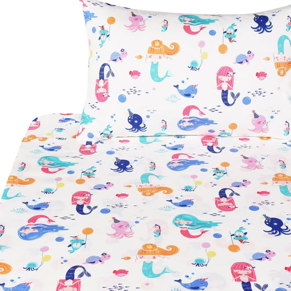 J-pinno Mermaid Fish Turtle Happy Playing Cute Twin 100% Cotton 3 Pieces Sheet Set for Kids Girls Children, Flat Sheet + Fitted Sheet + Pillowcase Bedding Decoration Gift Set