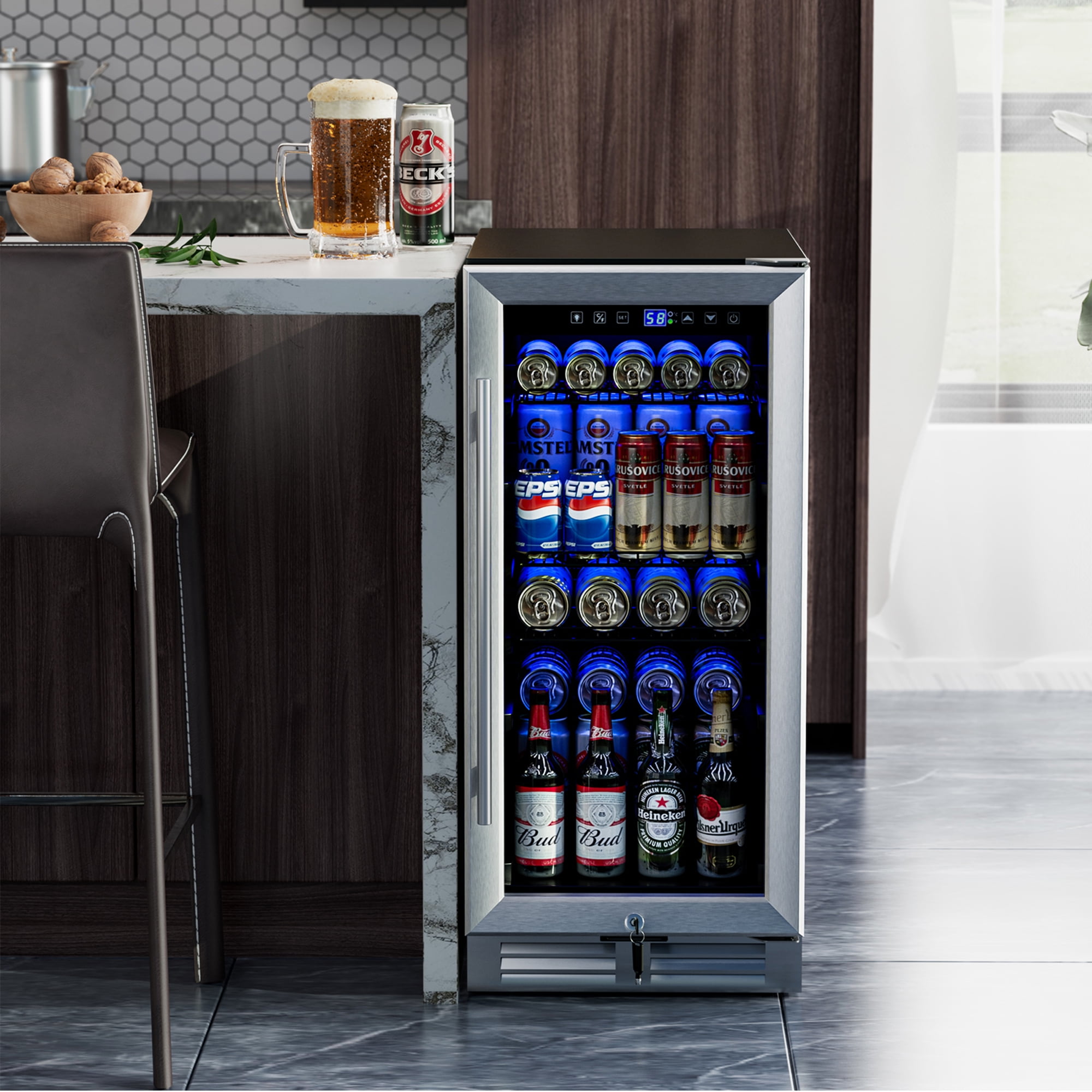 Gymax 15 Inch Beverage Cooler Refrigerator 100 Can Built-in Freestanding Beverage