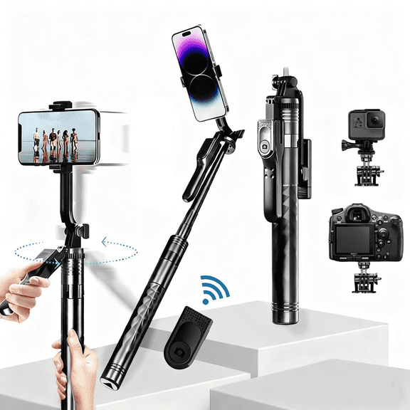 ME 68.9" Selfie Stick Tripod, 360° Rotation Travel Selfie Stick Remote Control and 1/4” Screw, Aluminum Phone Tripod Holder for Selfie, Recording, Vlogging (Black)