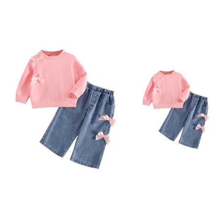 Cute Bow Long Sleeve Sweatshirt and Denim Pants 2 Piece Set Baby Toddler Girls Casual Spring Fall Outfits with Elastic Waist Baggy Leg Playwear