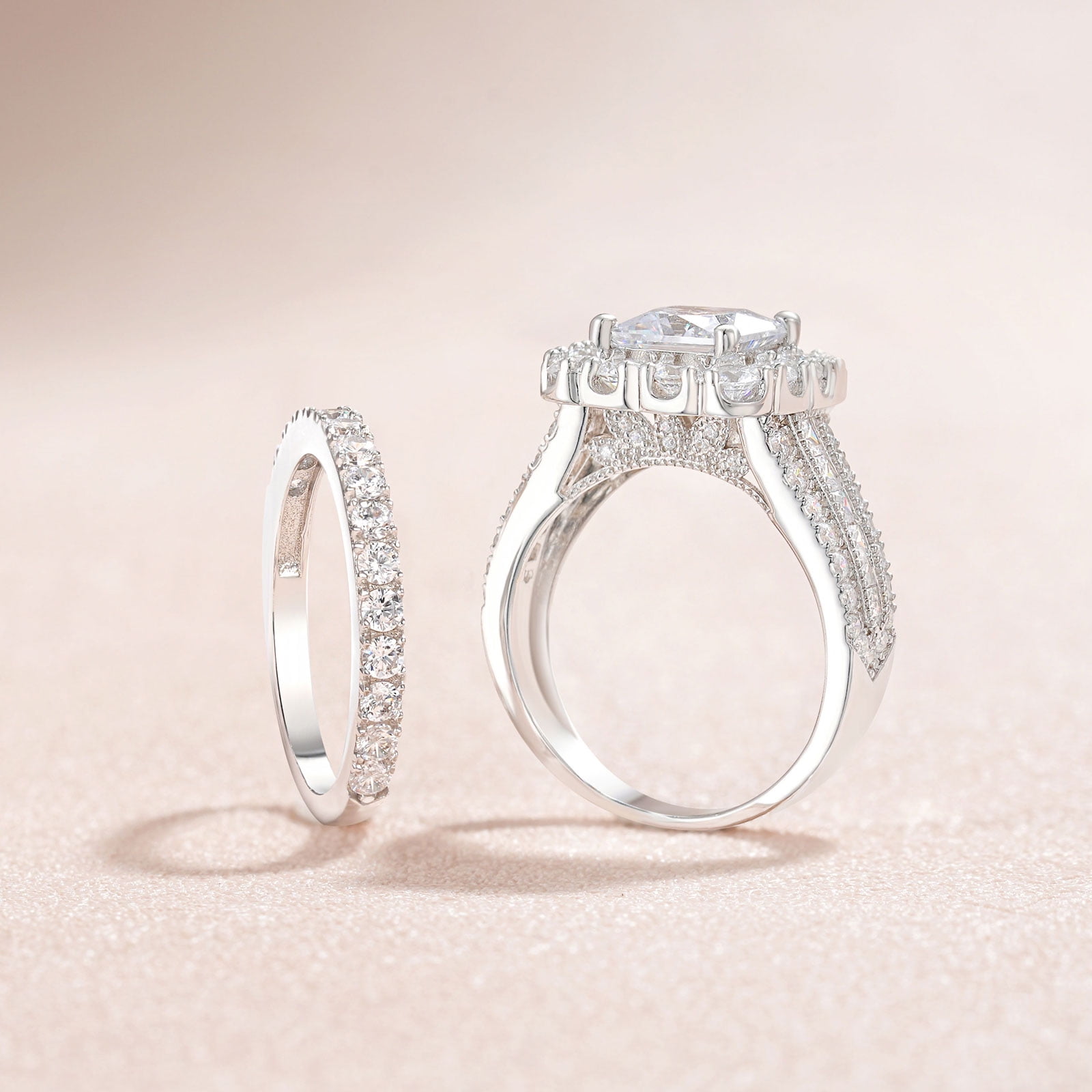 SHELOVES Vintage Style Princess Halo AAAAA CZ Wedding Engagement Ring Sets for Women 925 Sterling Silver Size 7