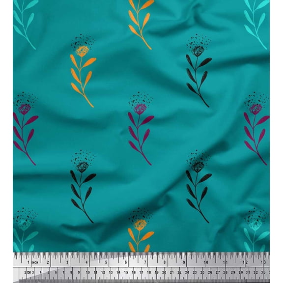Soimoi Green polyester Crepe Fabric Cotton Ball Leaves Print Sewing Fabric Yard 42 Inch Wide