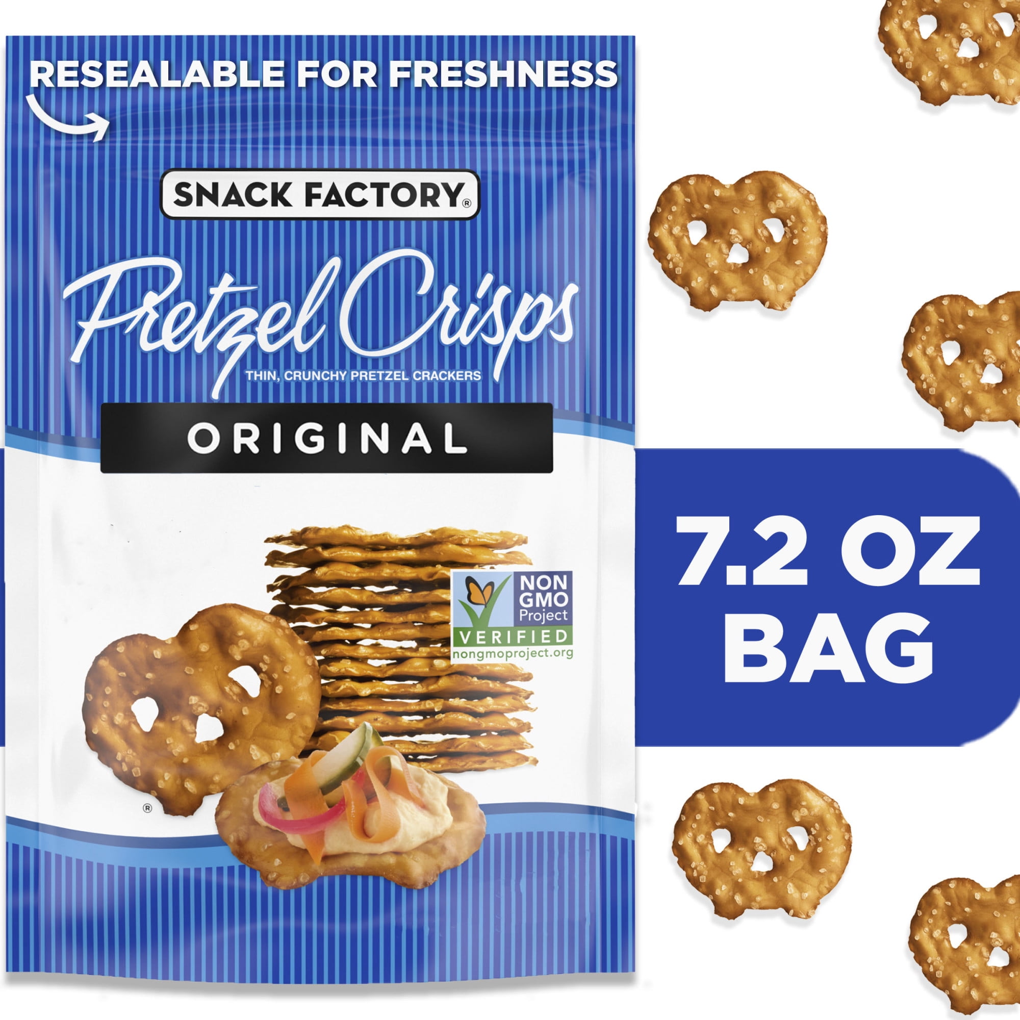 Snack Factory Original Pretzel Crisps, NonGMO, 7.2 oz Resealable Bag
