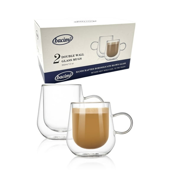 Bacimi Double Wall Insulated Coffee Mugs Set of 2 / 12oz - Clear Borosilicate Mug with Handle - Thermal Drinking Cups for Espresso, Cappuccino, Latte, Tea, Hot Beverage, Wine - Microwave Safe