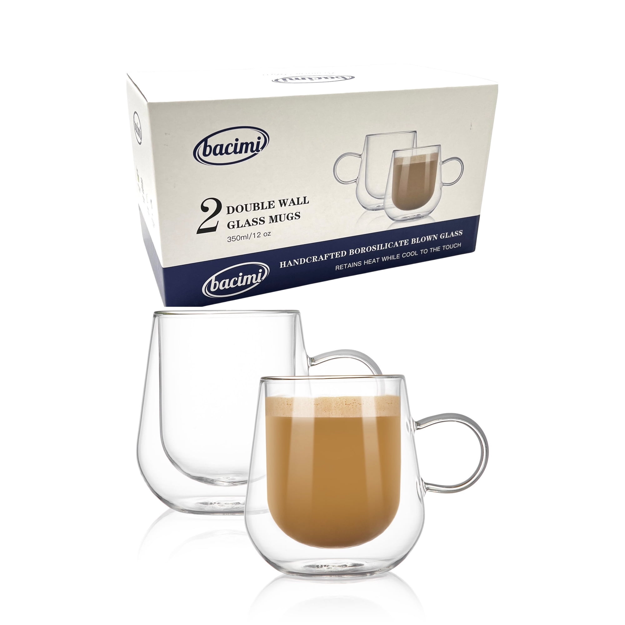 Bacimi Double Wall Insulated Coffee Mugs Set of 2 / 12oz - Clear Borosilicate Mug with Handle - Thermal Drinking Cups for Espresso, Cappuccino, Latte, Tea, Hot Beverage, Wine - Microwave Safe